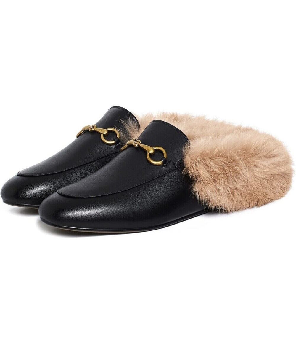 Women's Mules Shoes Sleepers Black Faux Leather Faux Fur US8.5 EU40 New in Box!